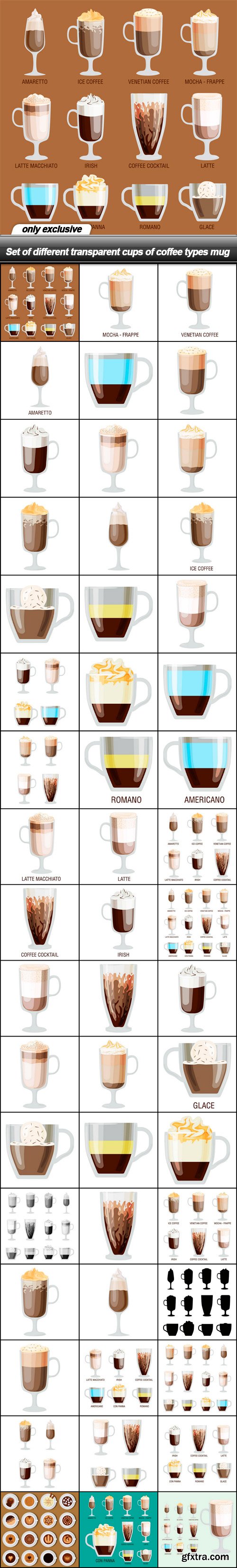 Set of different transparent cups of coffee types mug - 51 EPS