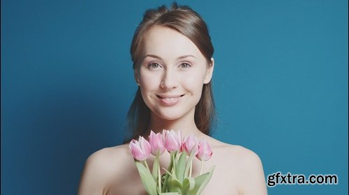 Сloseup portrait of beautiful healthy smiling woman with fresh skin slow motion skincare concept you