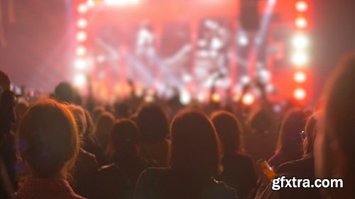 Slow motion clip of many people having fun on the night concert standing back near the stage