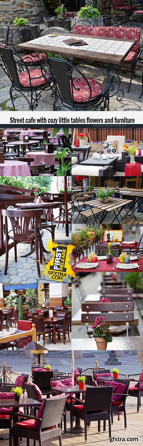 Street cafe with cozy little tables flowers and furniture