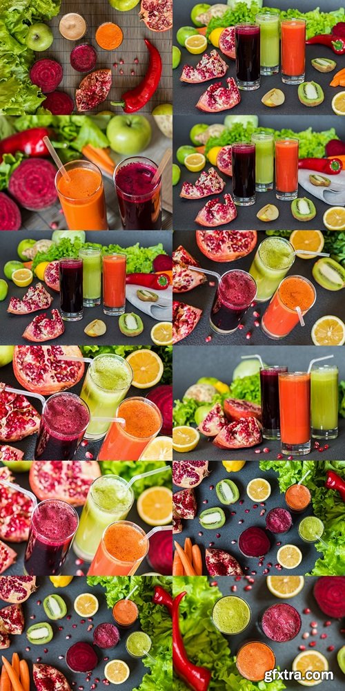 Detox diet. Healthy eating. Different colorful fresh juices, vegetables and fruits 2