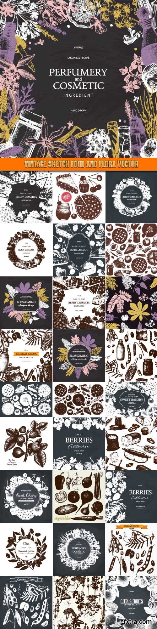 Vintage sketch food and flora vector