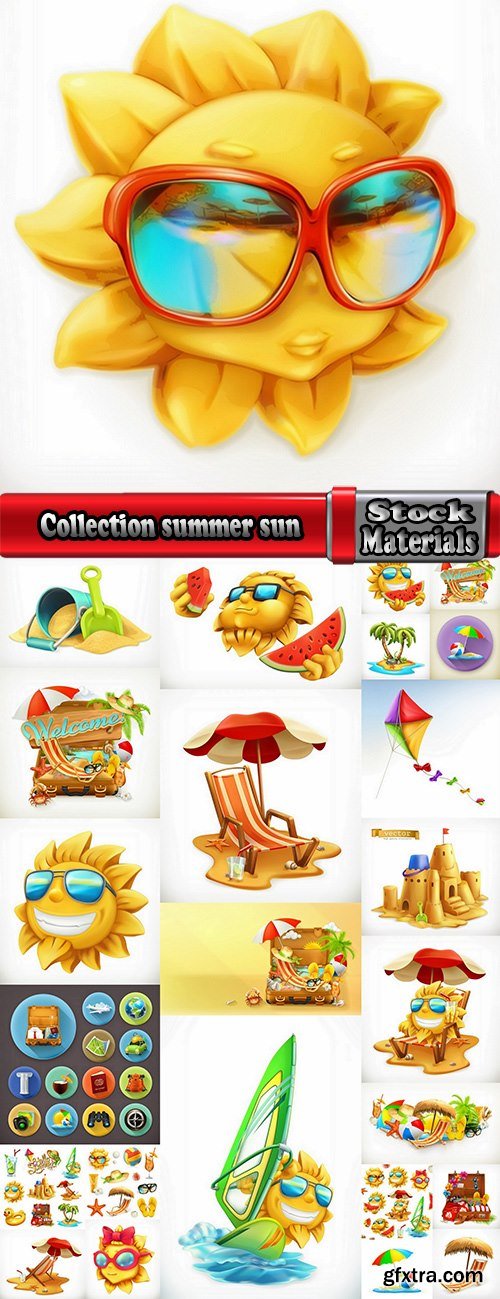 Collection summer sun beach sand sea vacation travel vacation flyer banner sticker 25 EPS