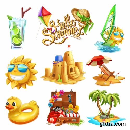 Collection summer sun beach sand sea vacation travel vacation flyer banner sticker 25 EPS