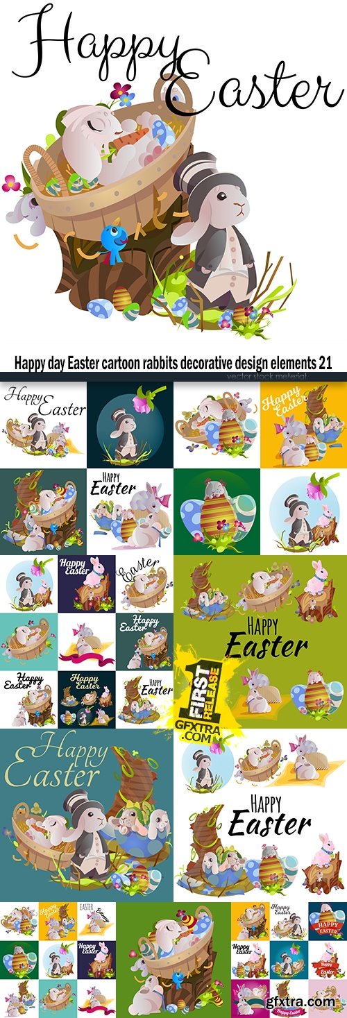 Happy day Easter cartoon rabbits decorative design elements 21