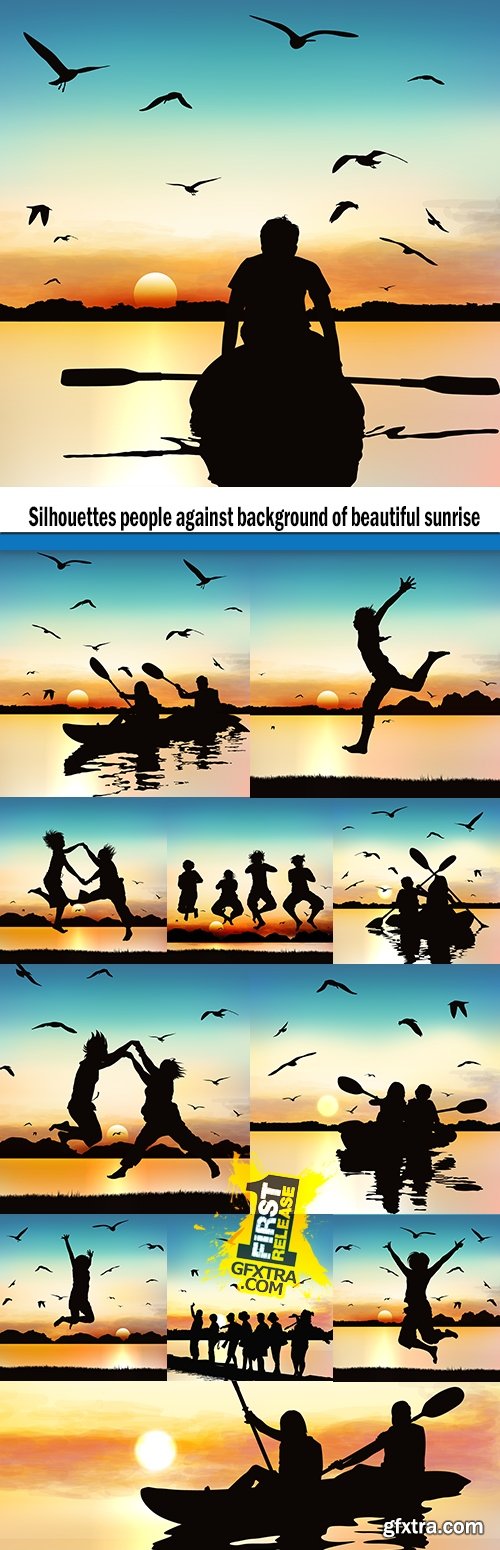 Silhouettes people against background of beautiful sunrise