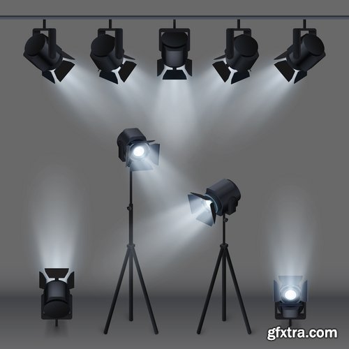 Collection podium scene with light effect decoration lights searchlight 25 EPS