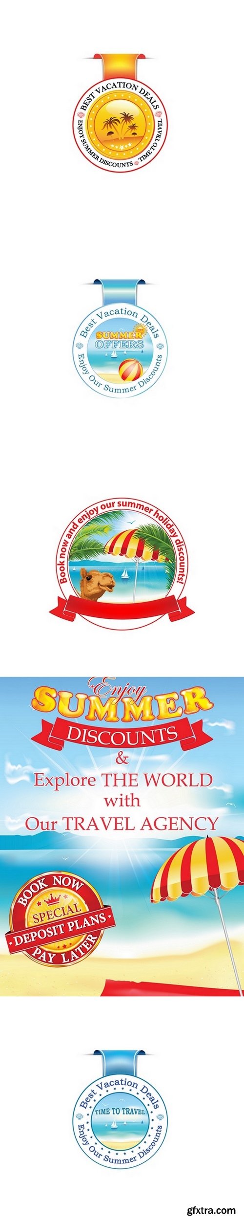 Enjoy our summer discounts. Best Vacation deals. - ribbon with seaside landscape for travel agencies, hotels, motels. Print colors used