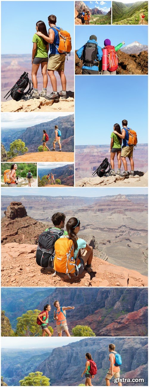 Hikers looking at view pointing hiking in mountain 11X JPEG