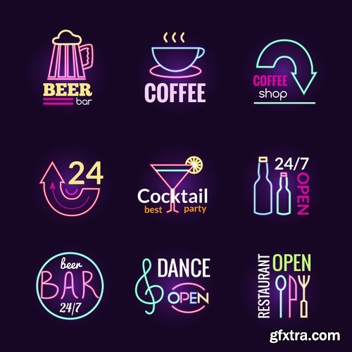 Collection neon signboard bar restaurant store advertising signpost 2-24 EPS