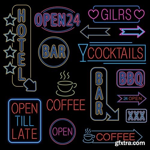 Collection neon signboard bar restaurant store advertising signpost 2-24 EPS