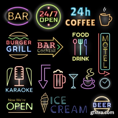 Collection neon signboard bar restaurant store advertising signpost 2-24 EPS