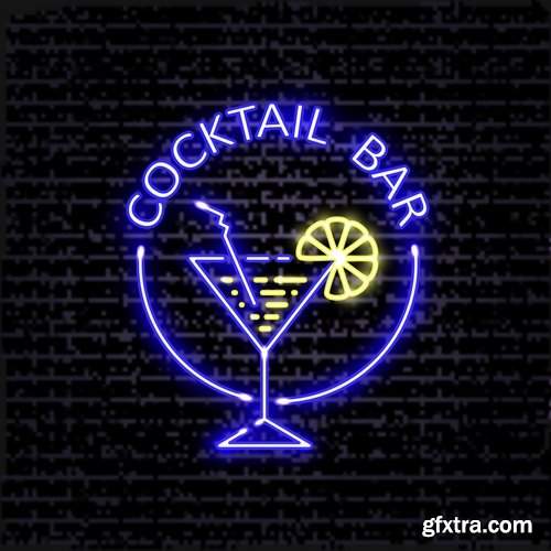 Collection neon signboard bar restaurant store advertising signpost 2-24 EPS