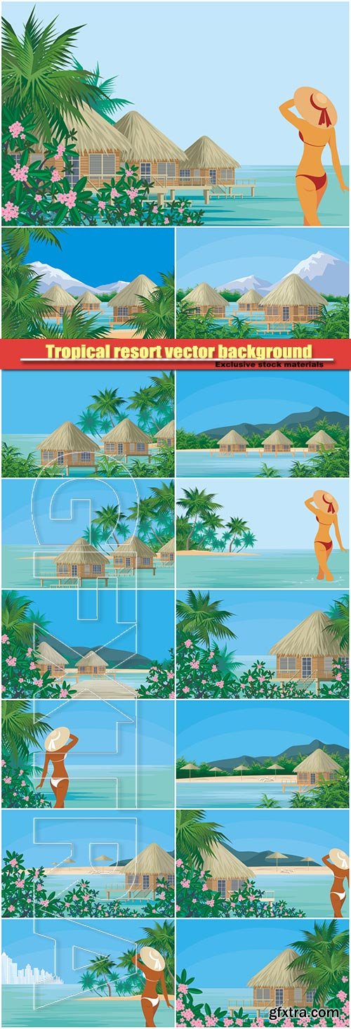 Tropical resort vector background, beautiful lady sunbathes