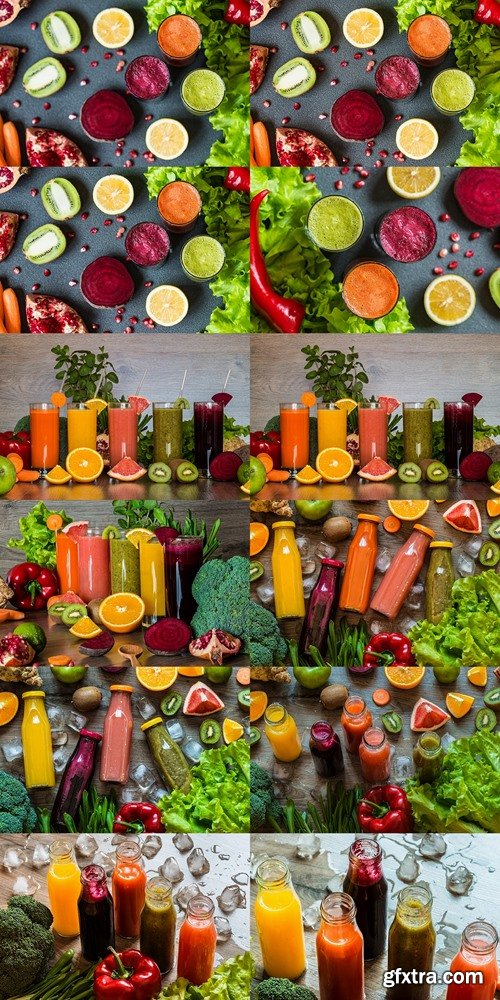 Detox diet. Healthy eating. Different colorful fresh juices, vegetables and fruits 4