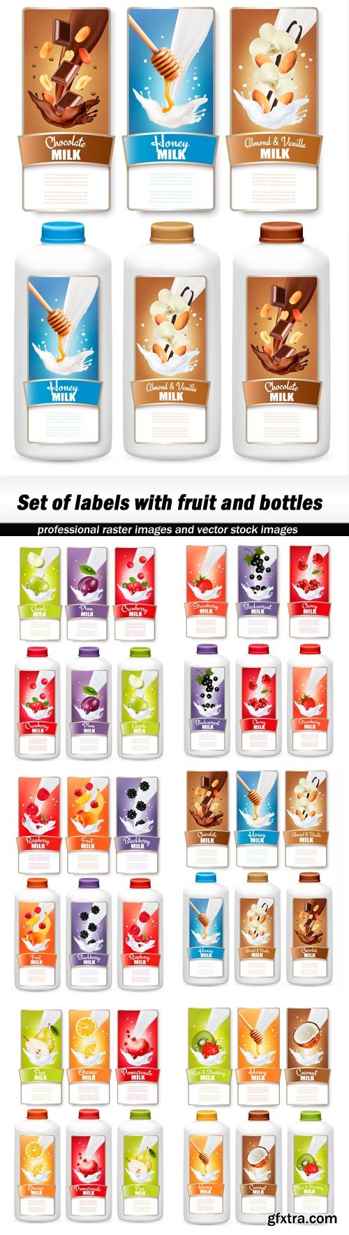 Set of labels with fruit and bottles - 6 EPS