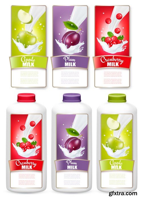 Set of labels with fruit and bottles - 6 EPS