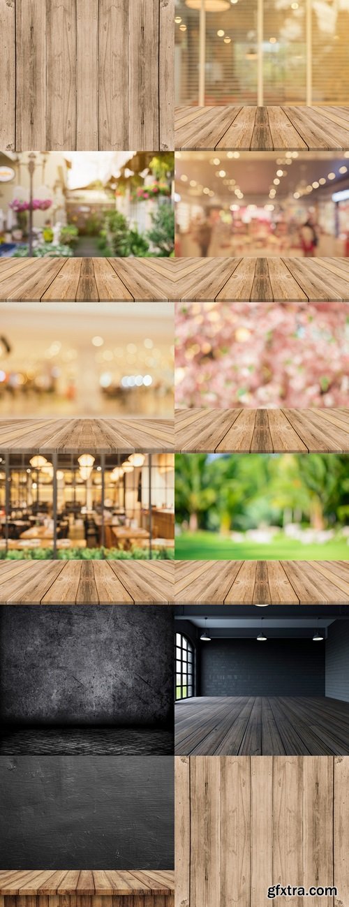 Wooden planks with blurred restaurant background