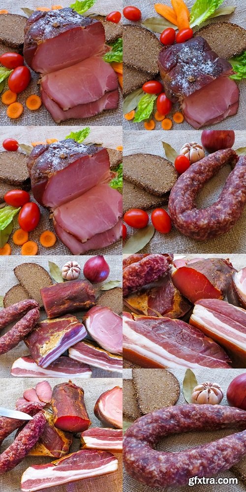 Dried meat, ham, sausage, smoked meat pies, prepared according to traditional recipes, together with bread and vegetables