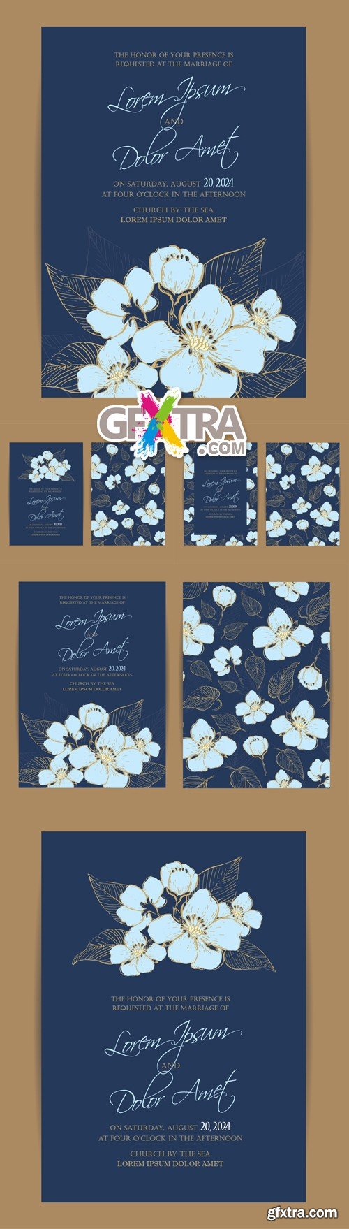 Blue Wedding Invitations with Flowers Vector