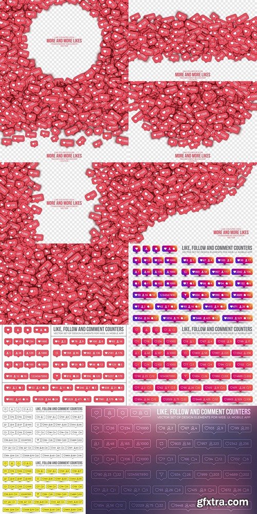 Set Vector 3D Counter Icons Like, Follow, Comment on Transparent Background