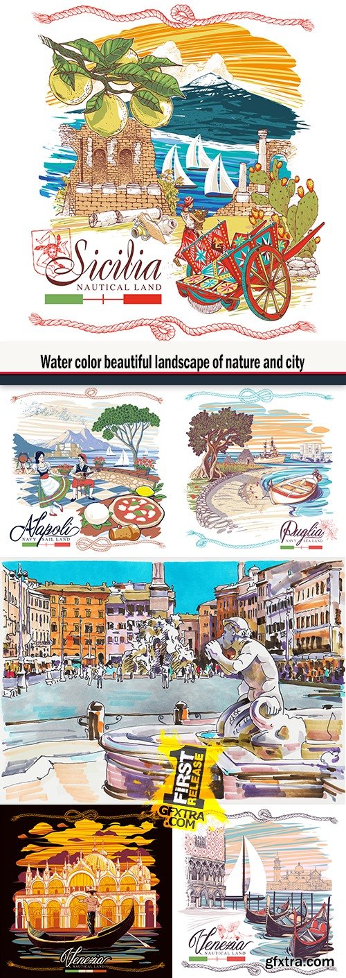 Water color beautiful landscape of nature and city