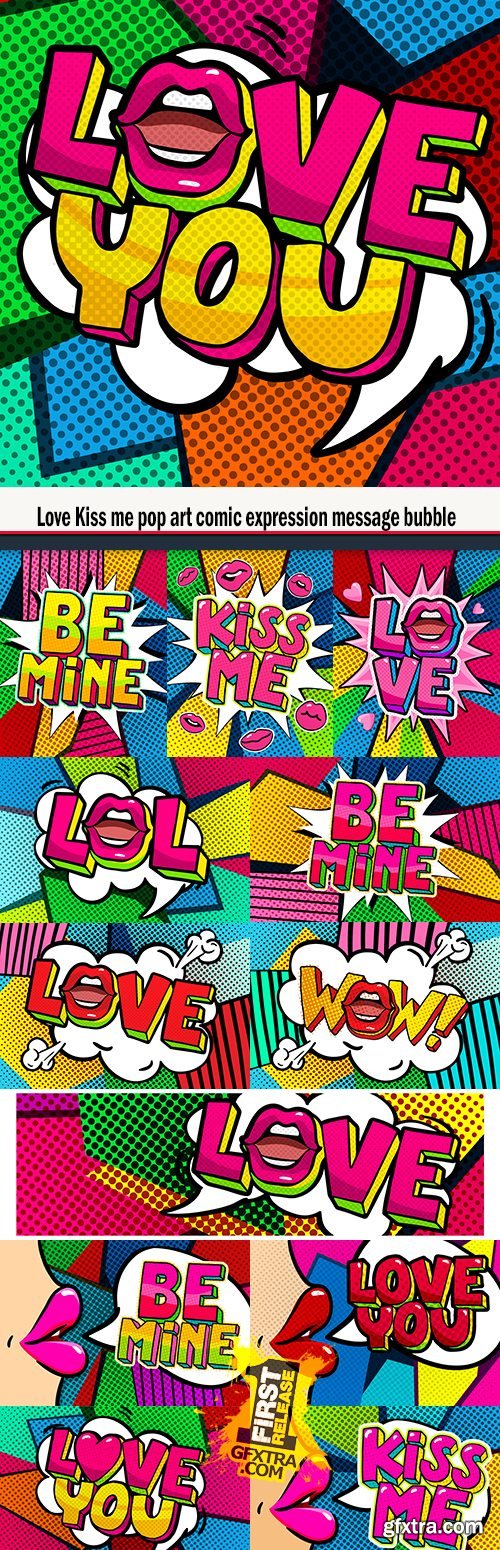 Love Kiss me pop art comic expression message bubble