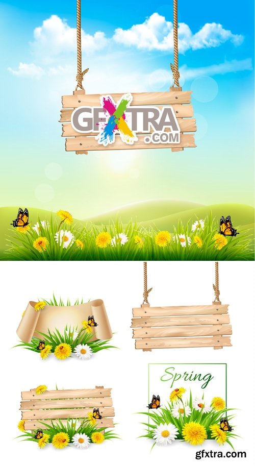 Spring Wooden Banners Vector