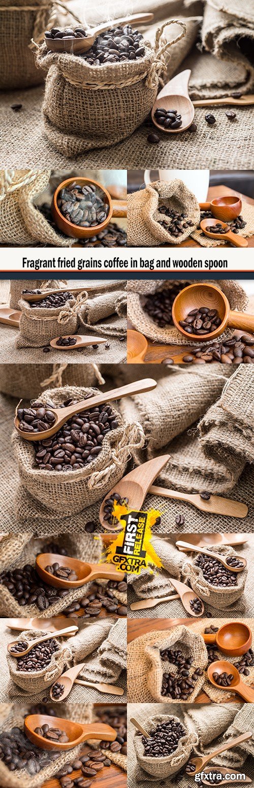 Fragrant fried grains coffee in bag and wooden spoon