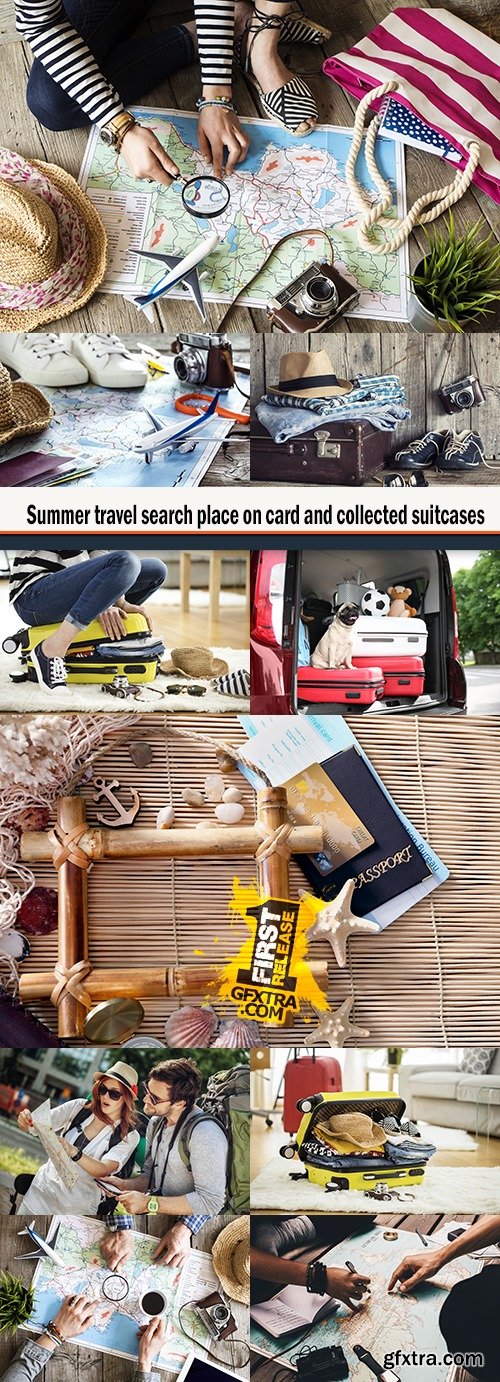 Summer travel search place on card and collected suitcases