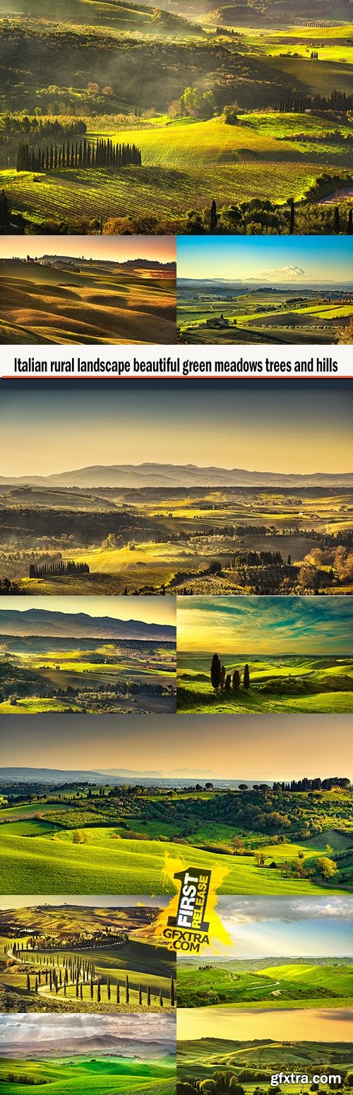 Italian rural landscape beautiful green meadows trees and hills