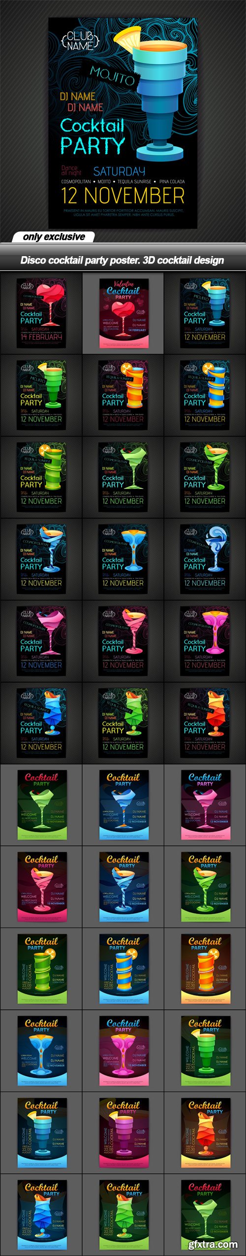 Disco cocktail party poster. 3D cocktail design - 35 EPS