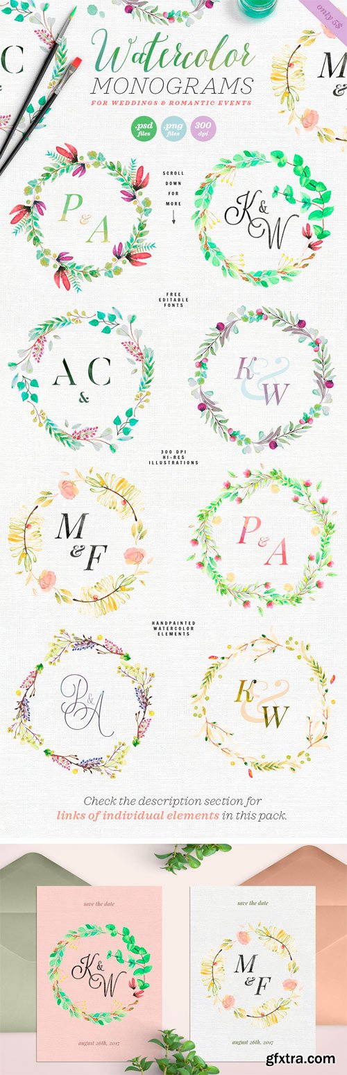 CM 1434907 - 8 Watercolor Wedding Monograms II