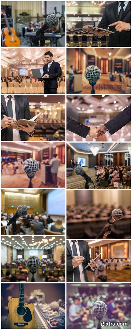 Microphone and conference hall with attendee background 14X JPEG