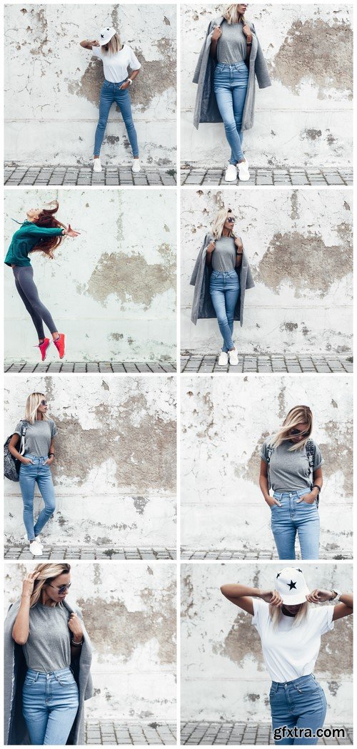 Model posing in plain t shirt against street wall 8X JPEG