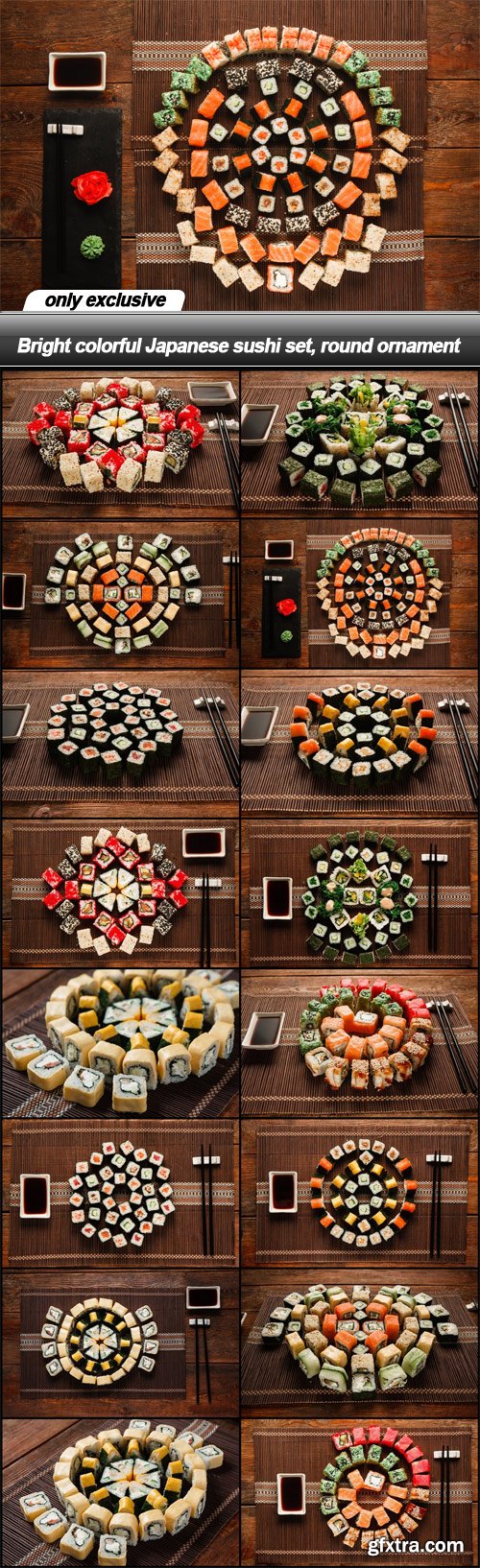 Bright colorful Japanese sushi set, round ornament - 16 UHQ JPEG