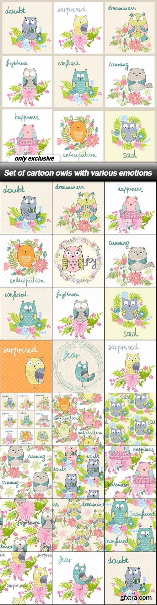 Set of cartoon owls with various emotions - 23 EPS