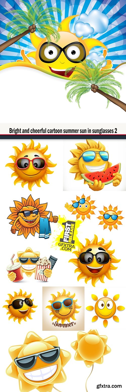 Bright and cheerful cartoon summer sun in sunglasses 2