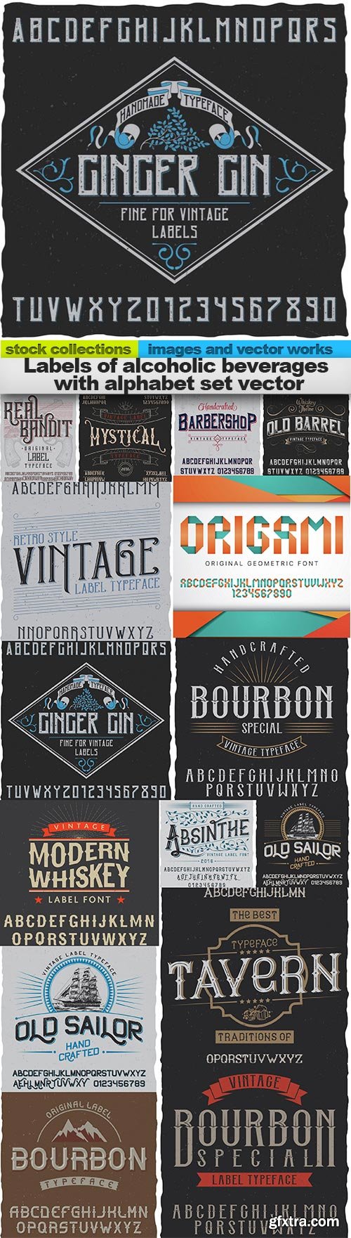 Labels of alcoholic beverages with alphabet set vector, 15 x EPS