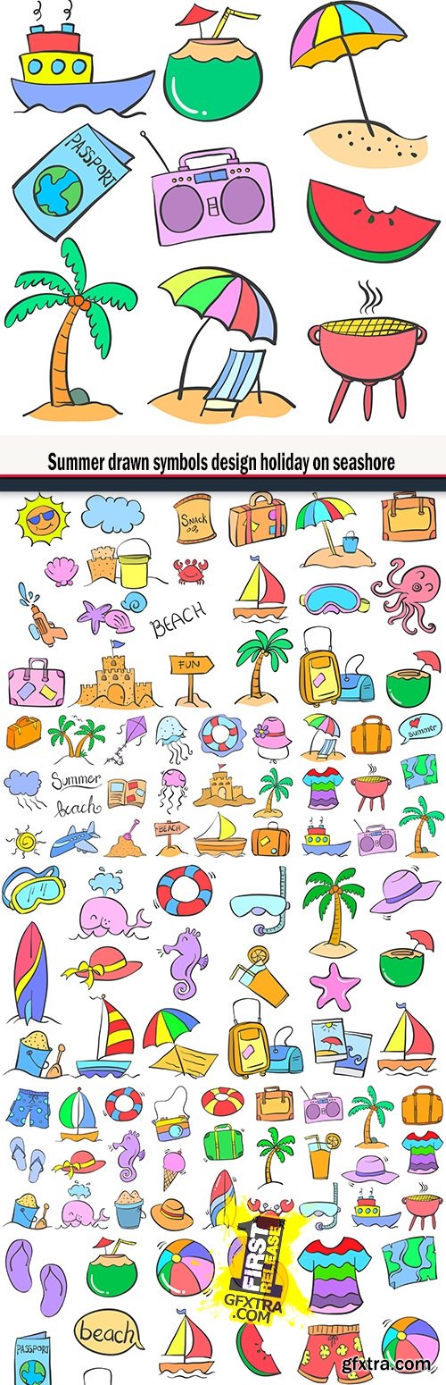 Summer drawn symbols design holiday on seashore