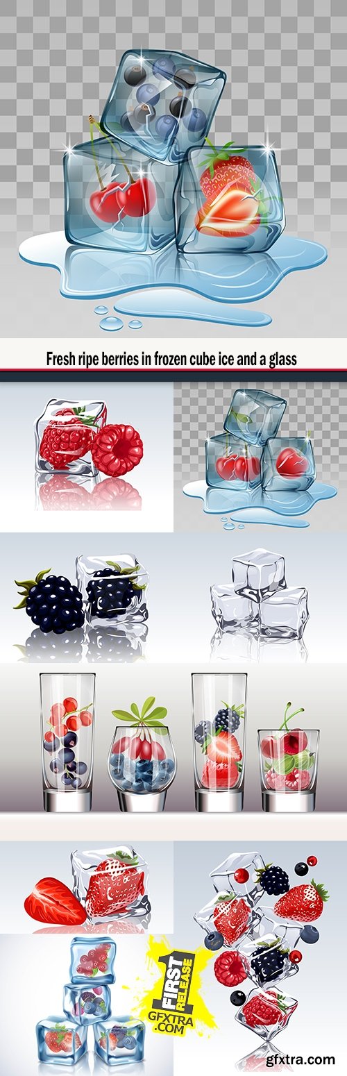 Fresh ripe berries in frozen cube ice and a glass