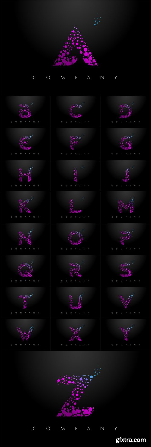 Vector Set - Letter Logos with Purple Particles and Bubble Dots