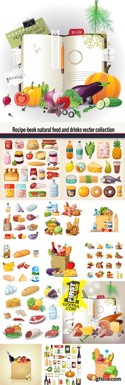 Recipe-book natural food and drinks vector collection