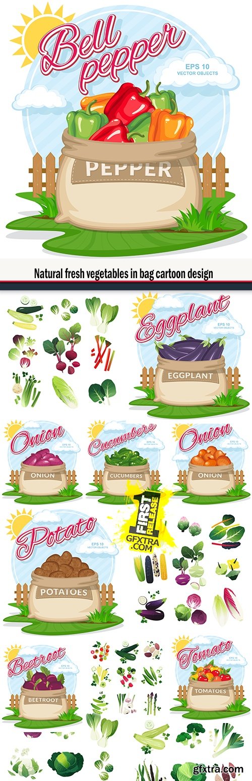 Natural fresh vegetables in bag cartoon design