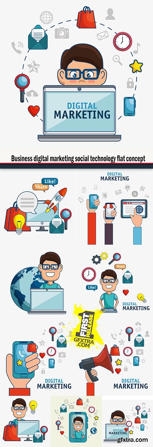 Business digital marketing social technology flat concept