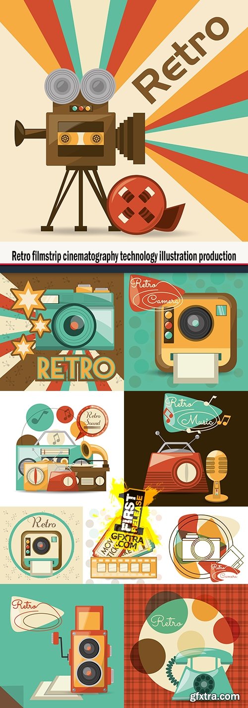 Retro filmstrip cinematography technology illustration production