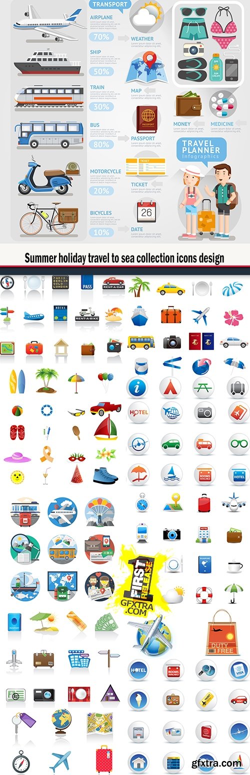 Summer holiday travel to sea collection icons design