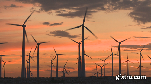 Power Windmills in the California Desert at Sunset