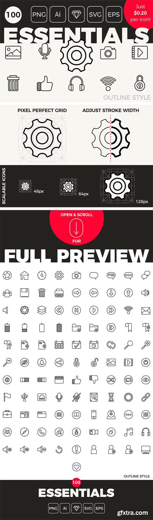 CM 1407800 - 100 Essential Icons - Outline Style