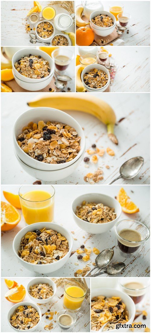 Breakfast - muesli and fruits on white background 8X JPEG